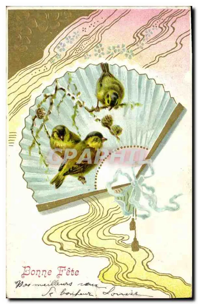 Oiseaux sur éventail — scène décorative — éditeur non visible - Frente