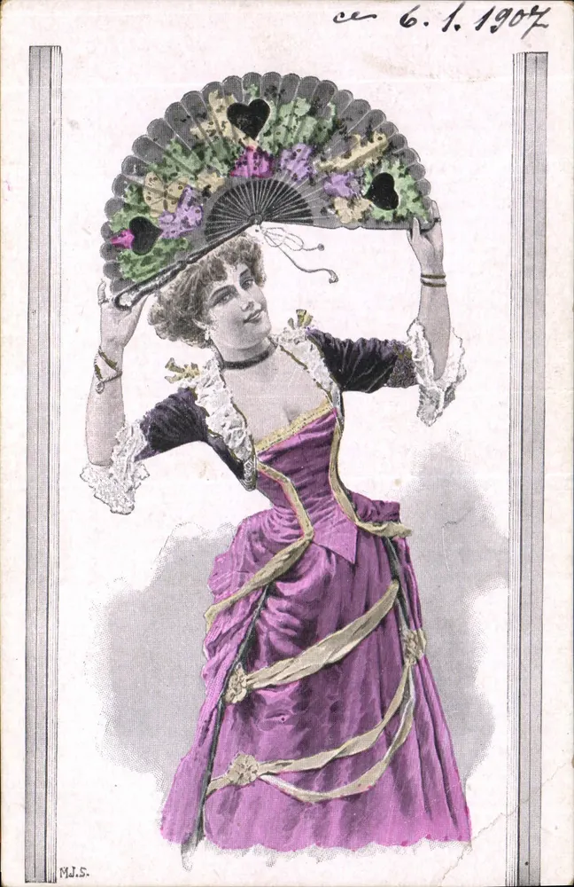 Frau in violetter Robe — Modenszene — Verlag M.J.S. und Seriennummer 6.1.1907 - Vorderseite