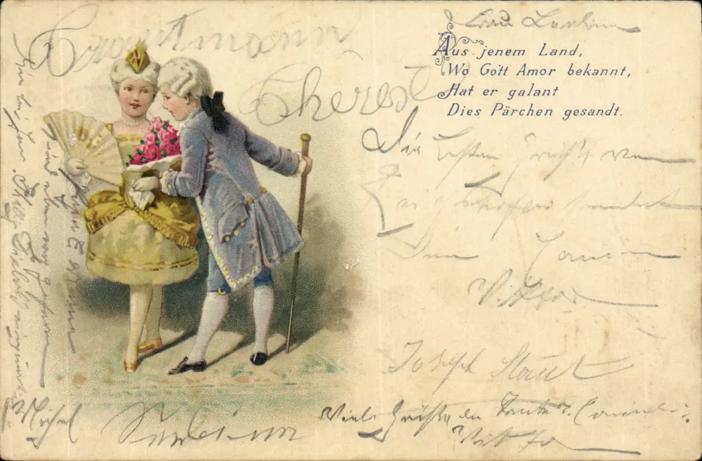 Junges Paar in historischem Kleid — deutscher Text — Verlag Weltpostverein - Vorderseite