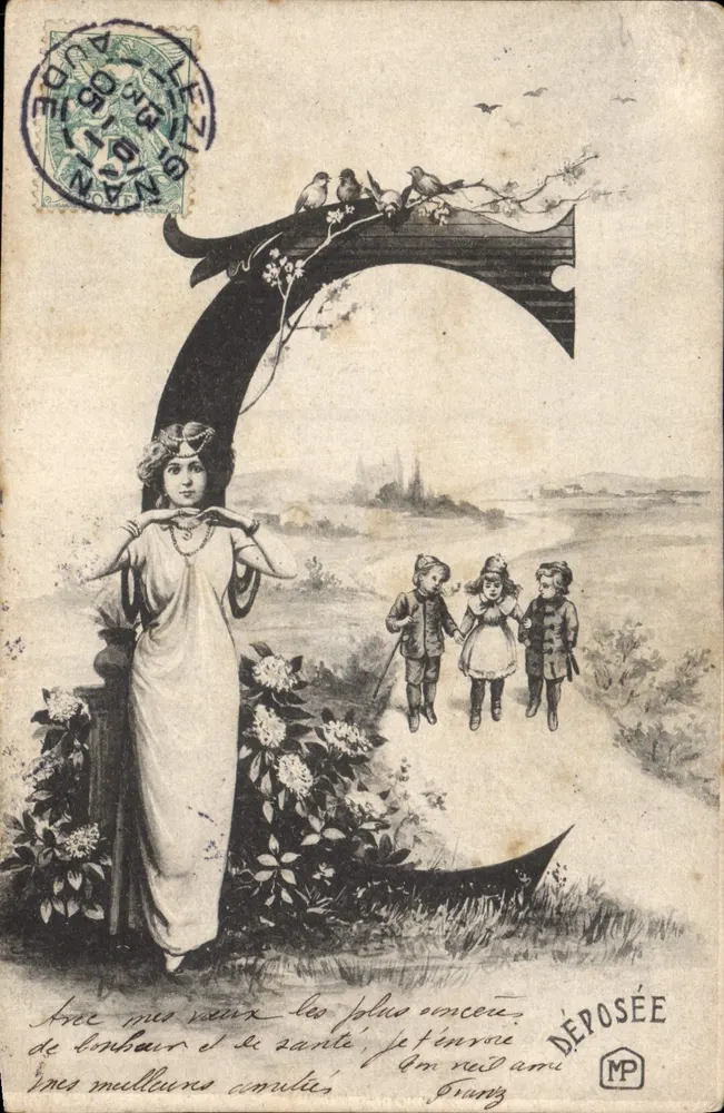 Frau und Kinder — Landschaft — Karteikarte (POSTCARD) / Abgegeben MP - Vorderseite