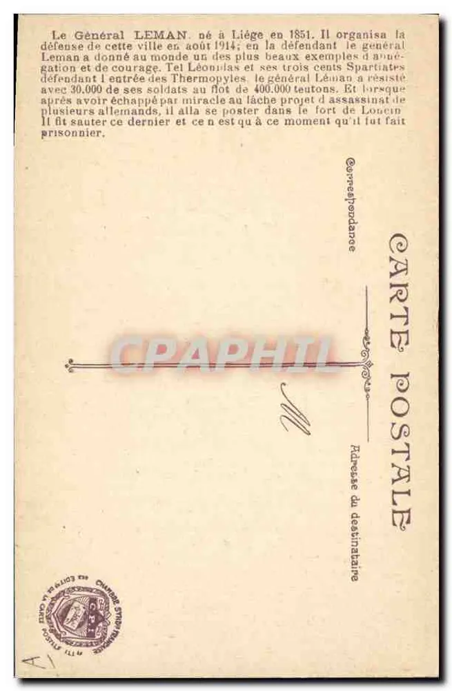 General Leman — Verteidiger von Lüttich — Verlag L.V.C. n° P.6 - Rückseite
