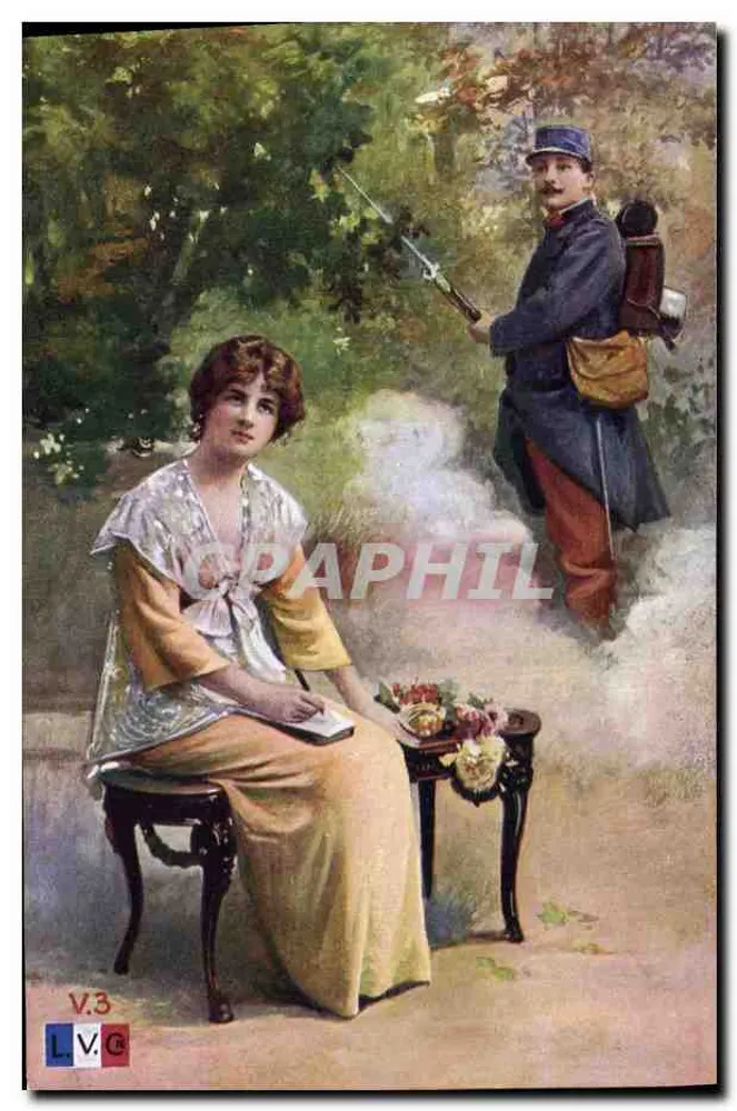 एक महिला बैठी हुई है एक सैनिक के साथ — बगीचे की दृश्य — संस्करण L.V.C. संख्या V.3 - आगे
