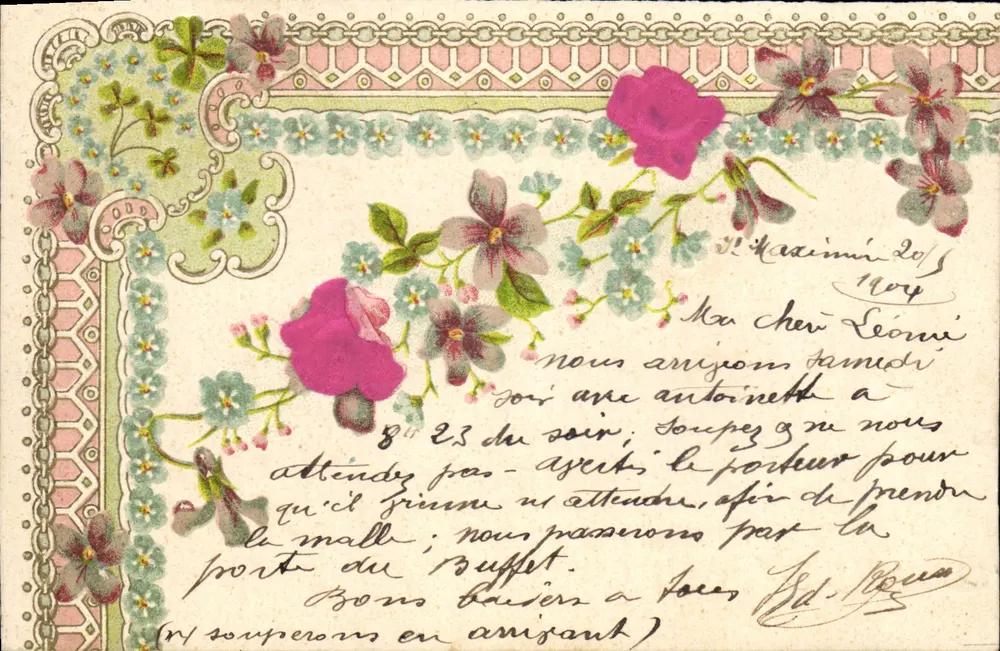 Flores e decorações — carta postal decorativa — editor desconhecido, número de série não visível - Frente