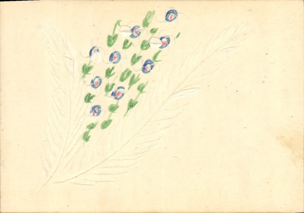 Bundel blauwe bloemen — tekening in waterverf — rond 1900 - Voorkant