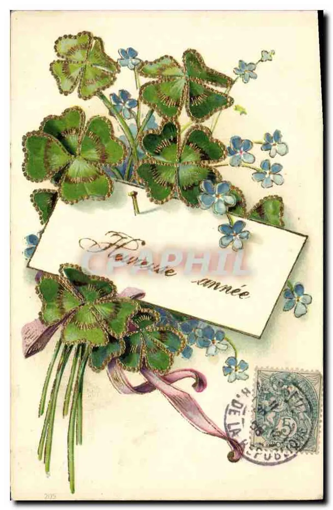 Ano florescente — Carta de votos com trevo e flores — Editor: F. DE LA FUDÉ, n° 205 - Frente