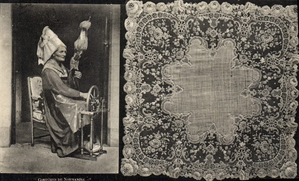 Trajes da Normandia — mulher à máquina de tecer e renda — editor não visível - Frente