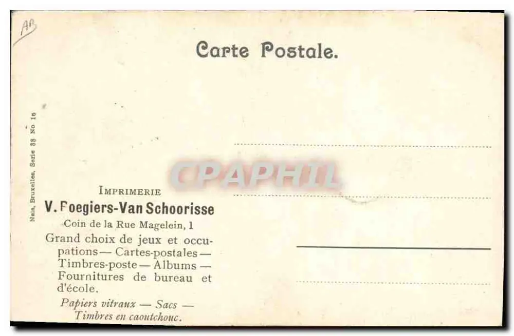 Mulher com chapéu branco — bordando — Impressora V. Foegiers-Van Schoorisse, Bruxelas - Verso