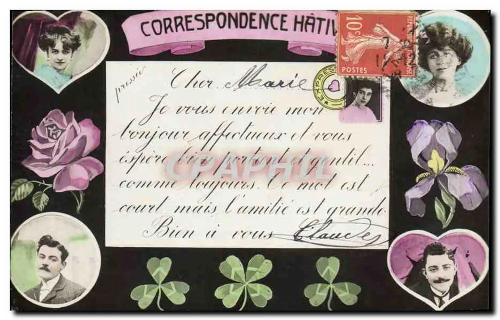 Correspondance Hâtive — Dekorative Ansichtskarte mit Porträts und Blumen — Verleger: Union Postale Universelle - Vorderseite