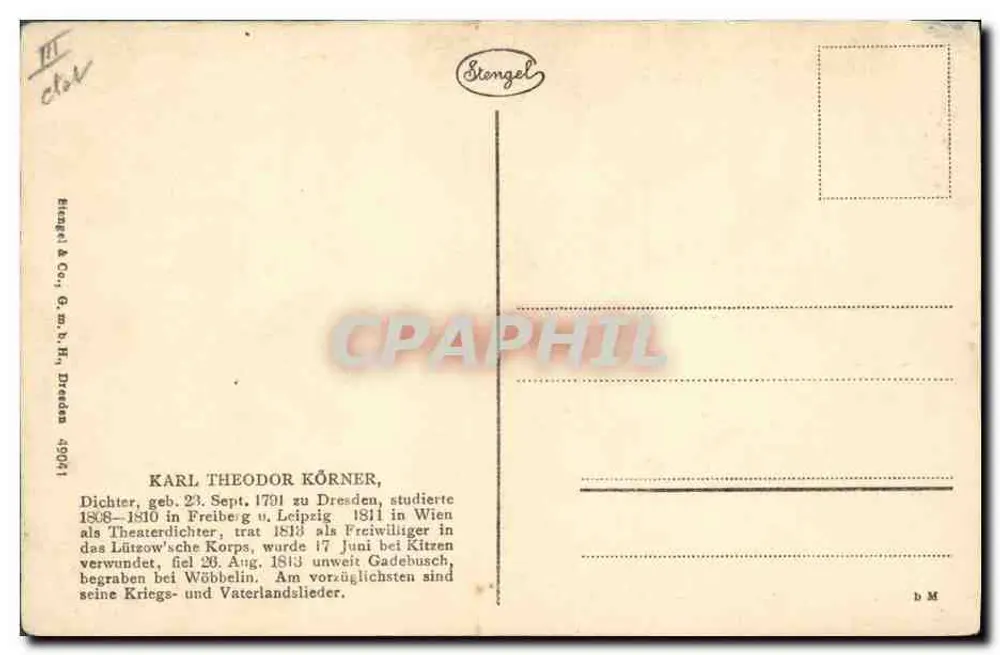 Karl Theodor Körner — poeta wojskowy — Stengel & Co. nr 49061 - Rewers