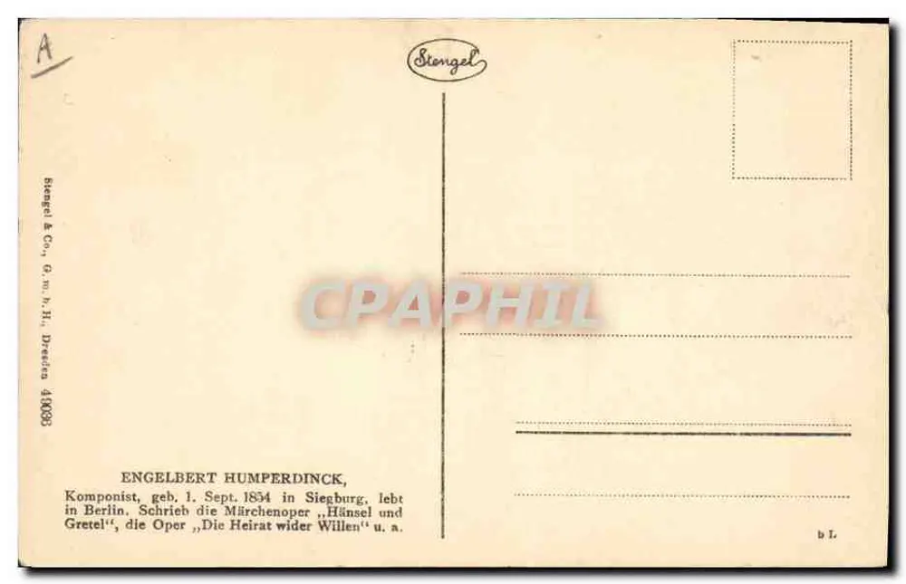 Engelbert Humperdinck — portrait gravé — éditeur Stiengel & Co. n° A - Verso