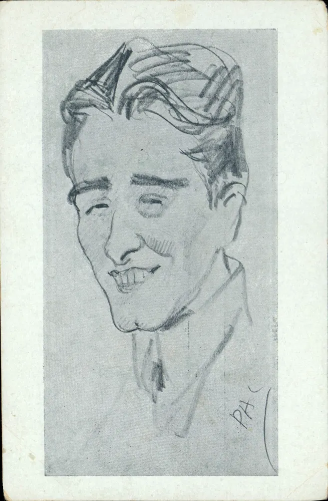 Retrato caricatural de um homem — desenho a lápis — editor desconhecido, número de série não visível - Frente