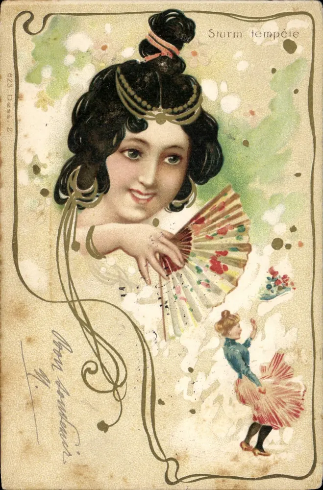 Frau mit Fächer — Illustration — Sturm tempele, n° 623, Dess. 2 - Vorderseite