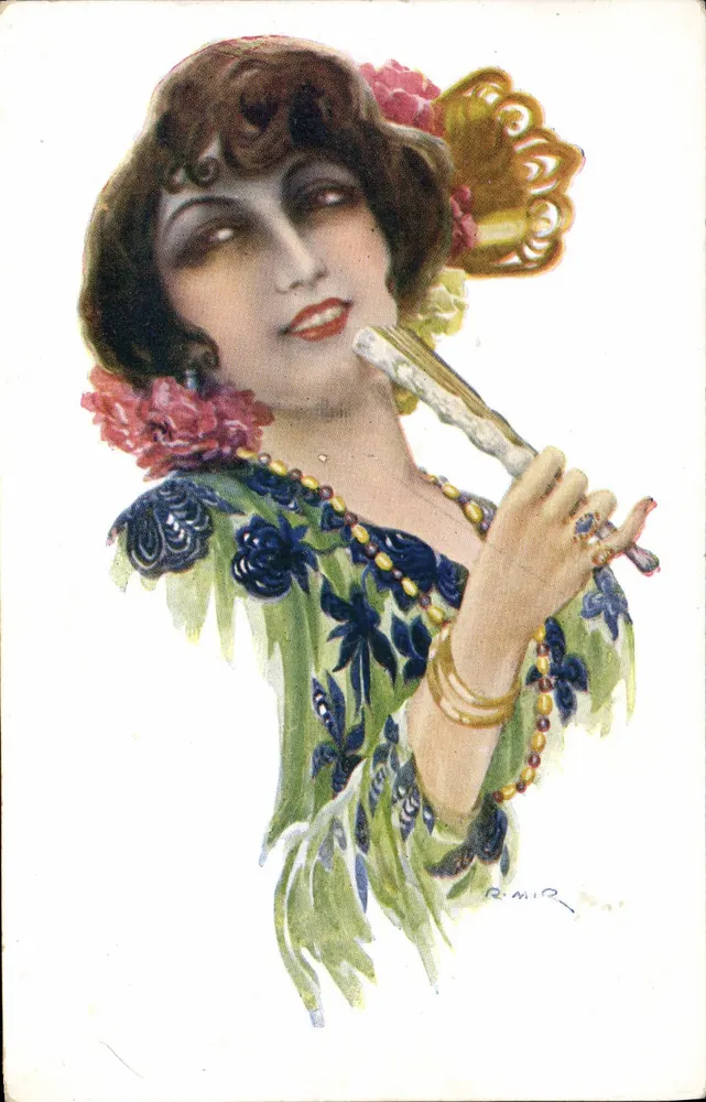 Frau in blumigem Kleid mit Fächer — Zeichnung von R. M. O. — Viatour Editions, Nr. 138 - Vorderseite