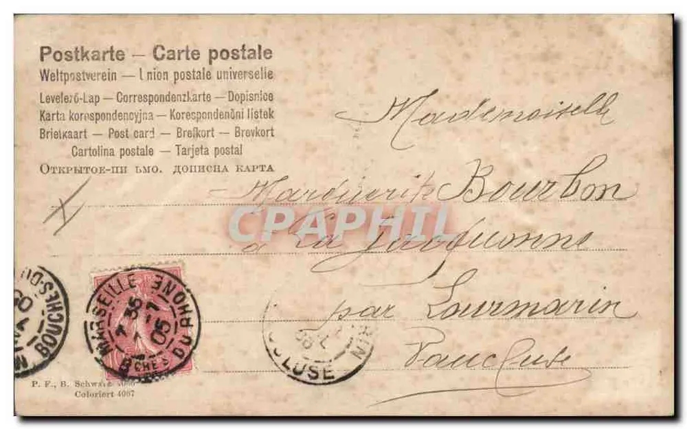Menina em vestido amarelo — decoração de jardim — editor P.F. B. Schwarz, n° 305 - Verso