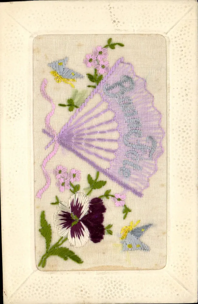 Flores e borboletas — Carta postal bordada — Made in France - Frente