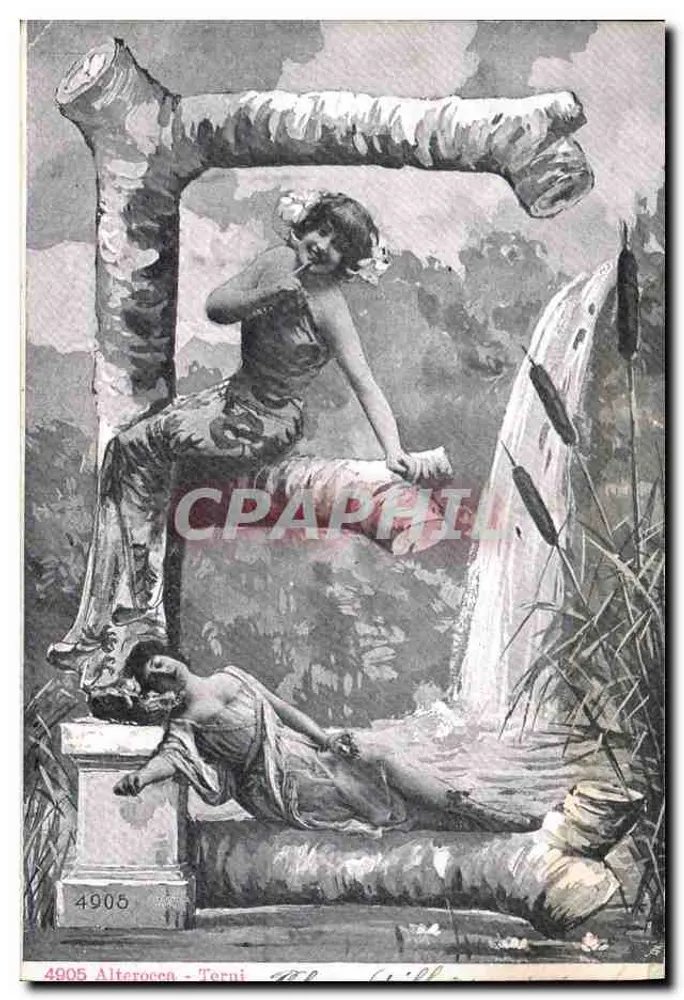 Frau, die auf einem Pfeiler sitzt — Garten-Szene — Verlag Alterocco, n° 4905 - Vorderseite