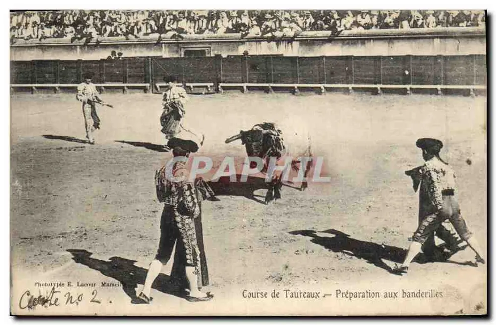 Stierkampf — Vorbereitung auf die Banderillas — Phototypie E. Lacour, Marseille, Karte n° 2 - Vorderseite