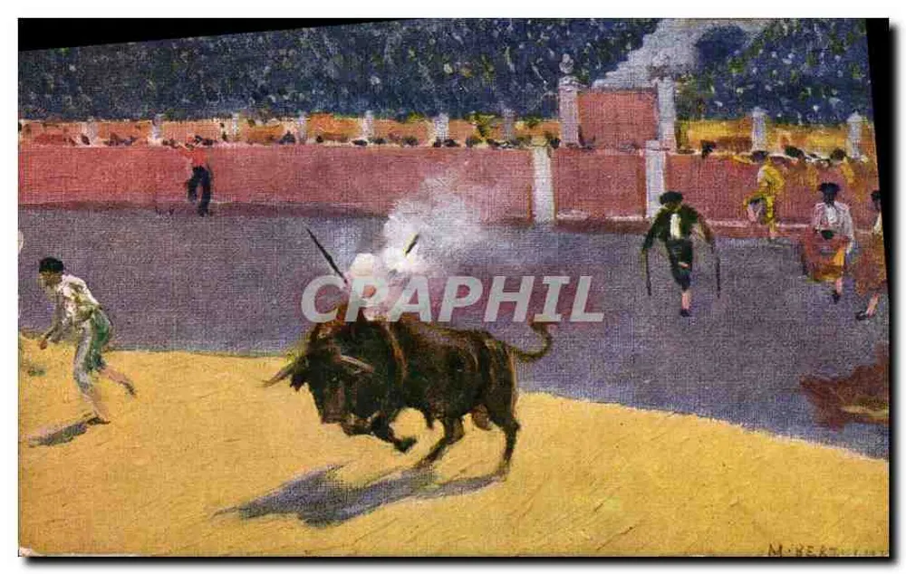 Luta de touros — cena animada — M. KEET, N° 389, Edições N. Coll Sellet, Barcelona - Frente