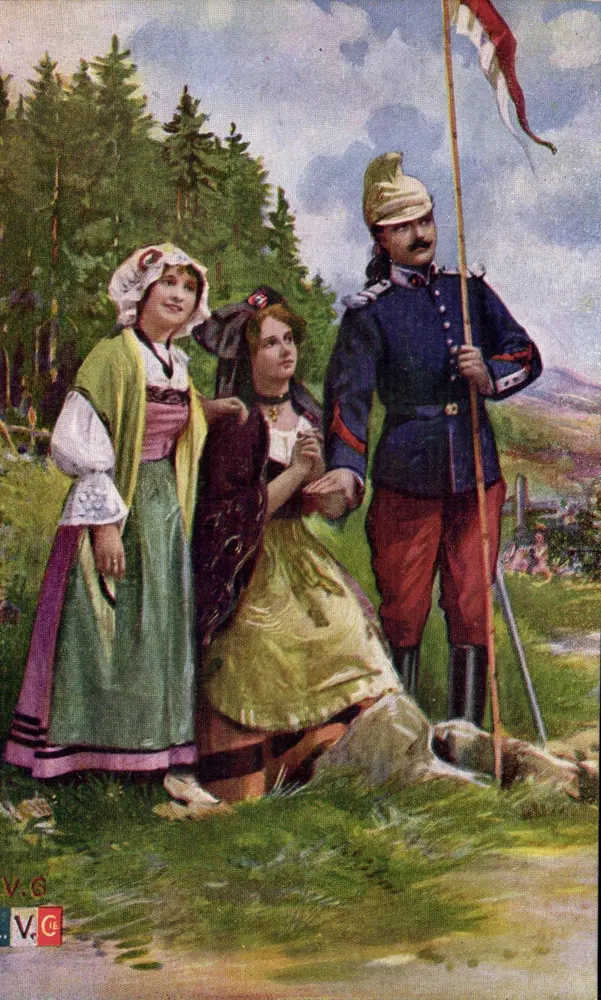 Duas jovens mulheres e um soldado — cena de campo — V.G. editor - Frente