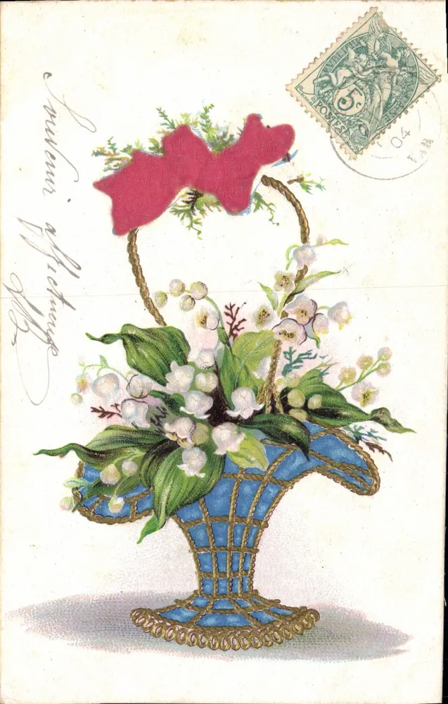 Arranjo de flores de muguete em um cesto azul — editor não identificado, número de série não visível - Frente