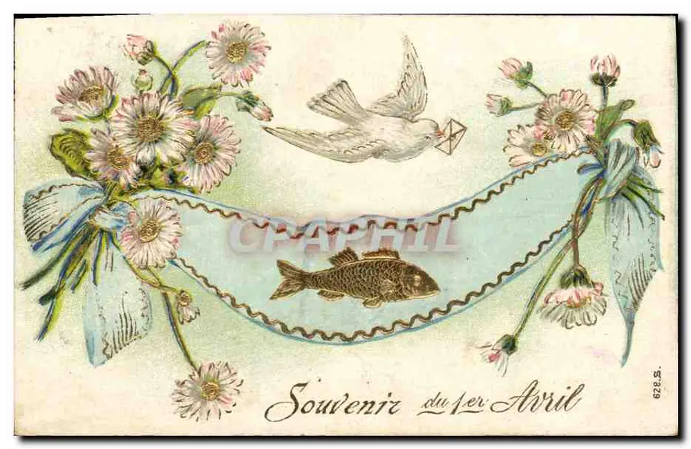 Erinnerung an den 1. April — illustrierte Postkarte mit Vogel, Blumen und Fisch — Verlag S. 529 - Vorderseite