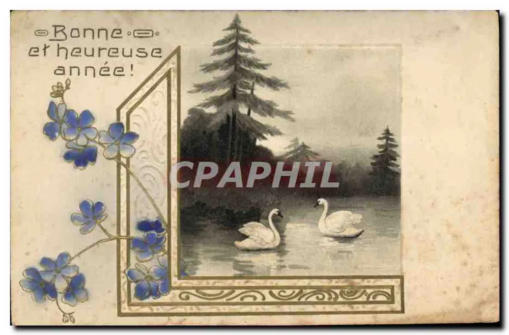 Dos cisnes sobre un lago — paisaje invernal — tarjeta postal de felicitación - Anverso