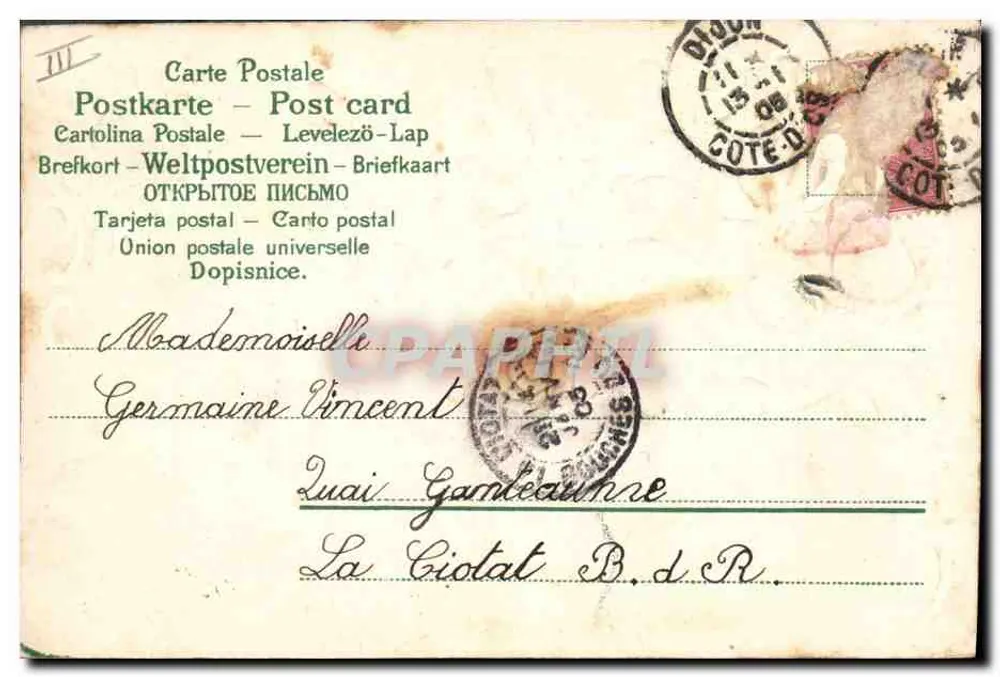 Rosas — Carte postale de vœux — Dijon, 12 de janeiro de 1905 - Verso