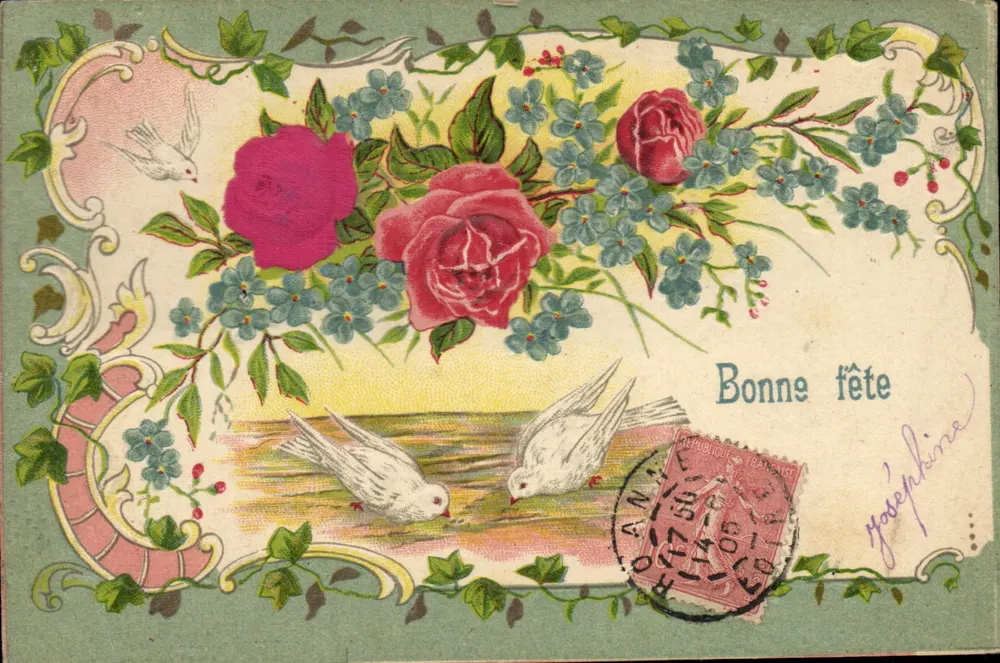 Buena fiesta — rosas y palomas — editor desconocido, número de serie no visible - Anverso