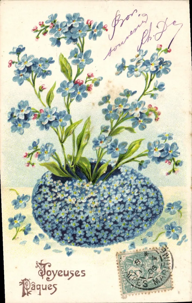 Flores azuis em um vaso — Feliz Páscoa — Editor não identificado, número de série não visível - Frente