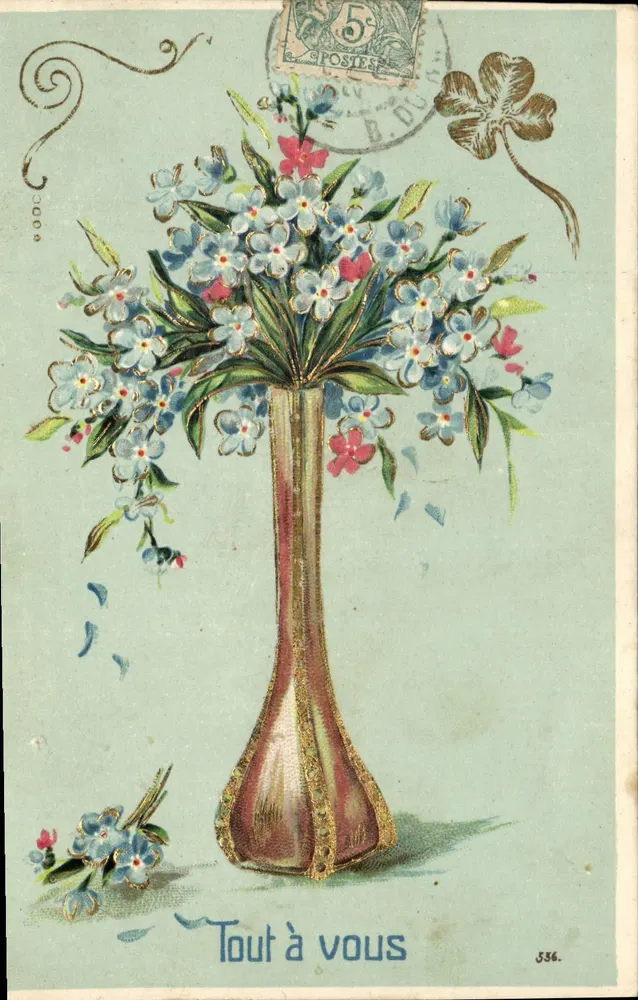 Buquê de flores azuis — vaso dourado — editor anônimo n° 536 - Frente
