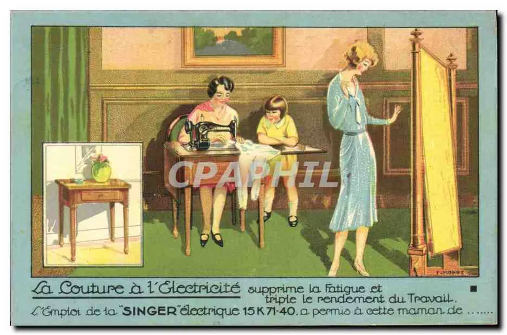 La Couture a Eletricidade — Publicidade para a máquina Singer 15 K 71 40 — Editor F. MONDE - Frente