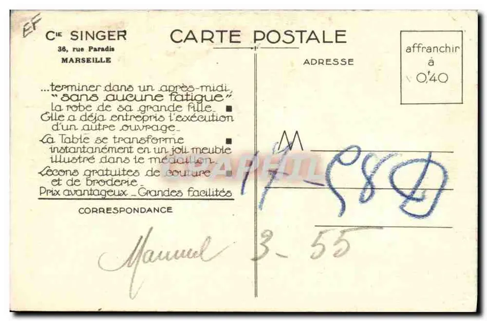 La Couture a Eletricidade — Publicidade para a máquina Singer 15 K 71 40 — Editor F. MONDE - Verso