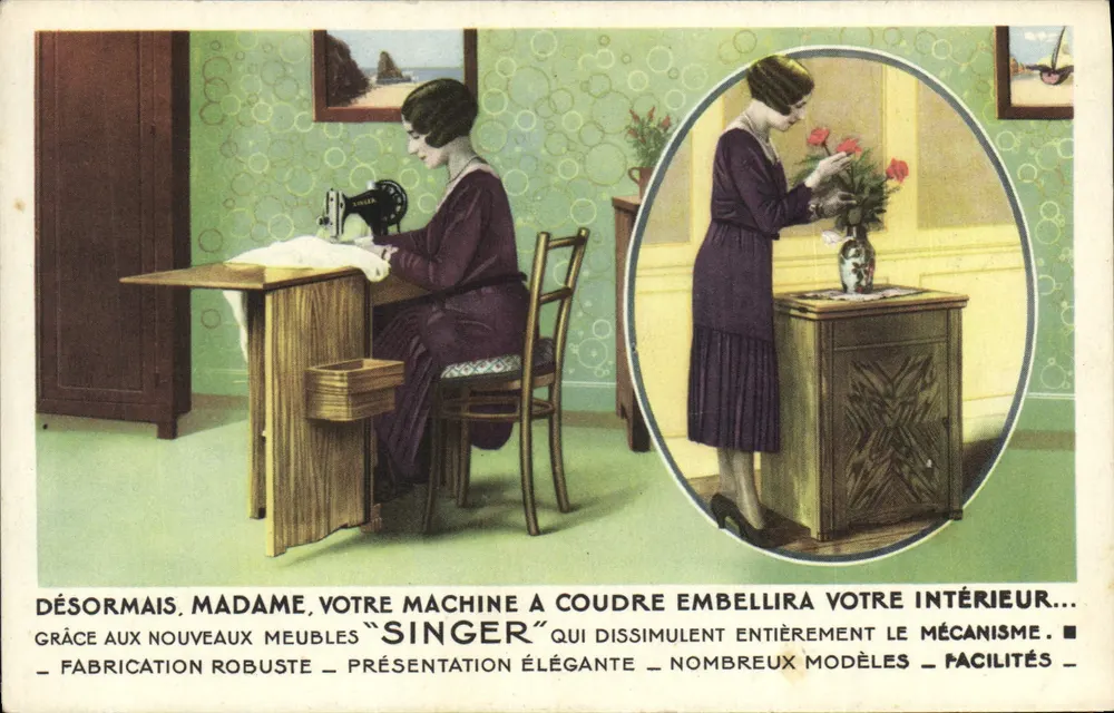 Senhora, sua máquina de costura embelezará seu interior — Máquina Singer — Editora Cie Singer, Cannes - Frente