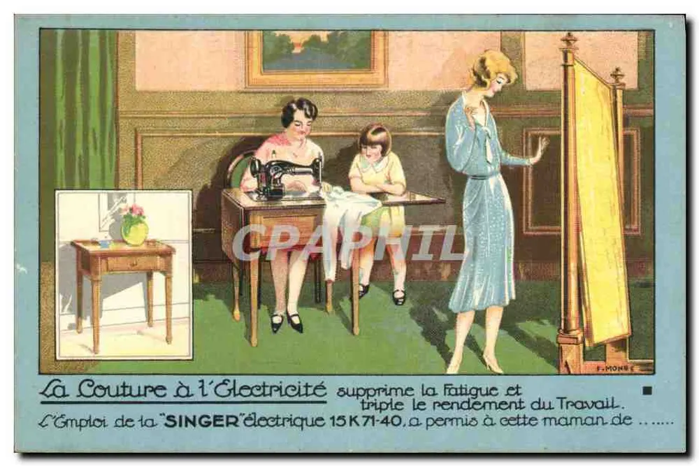 La Couture à l'Électricité — Publicidade para a máquina Singer 15K71-40 — Editor F. Monne - Frente