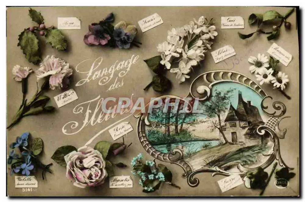 Linguagem das Flores — Carte postale ilustrada com buquê de flores e cena de aldeia — CIRCE, n° 5141 - Frente