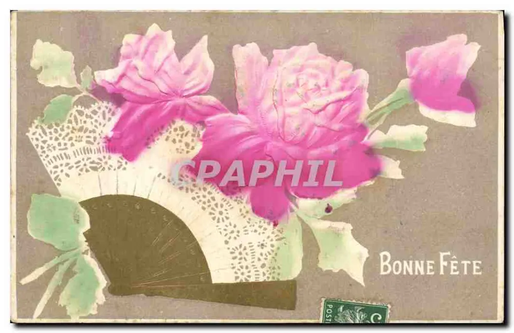 Rosas e leque — Boa Festa — editor desconhecido - Frente