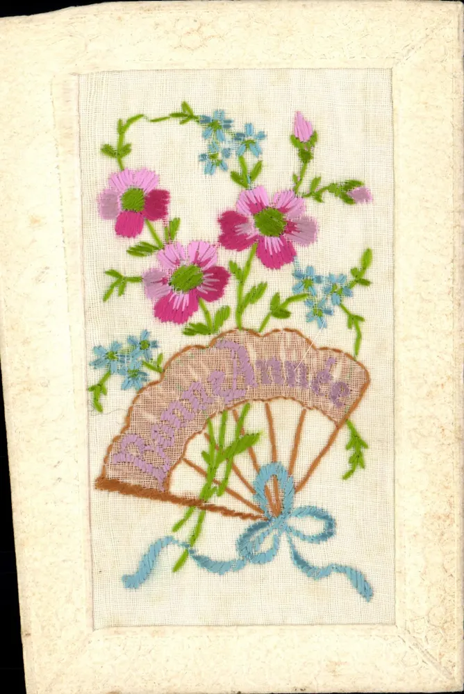 Arranjo de flores — 'Bom Ano' bordado — Carta postal - Frente