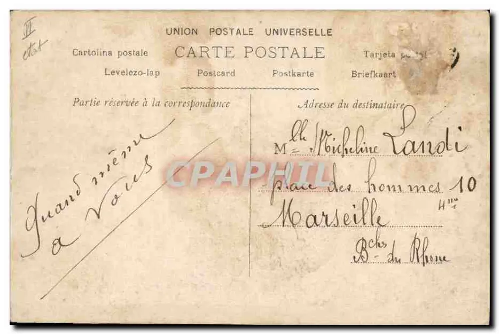 Femme en robe sombre assise sur un banc — scène encadrée par un grand éventail — éditeur Myriel, n° 14-82 - Verso