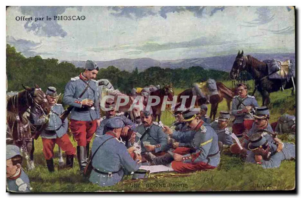 Soldaten in Felduniform spielen Karten — Angeboten vom PHOSCAO — L.V.E. - Vorderseite