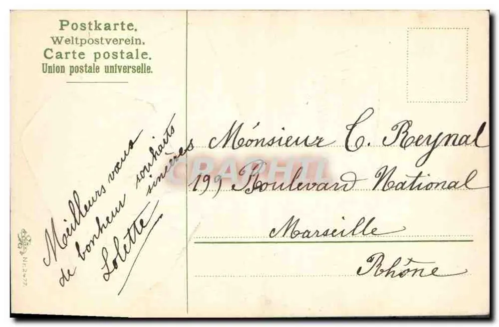 Niebieskie kwiaty w kopercie — Dobre i szczęśliwe święta! — Postkarte. Weltpostverein. Karta pocztowa. Uniwersalna Unia Pocztowa. - Rewers