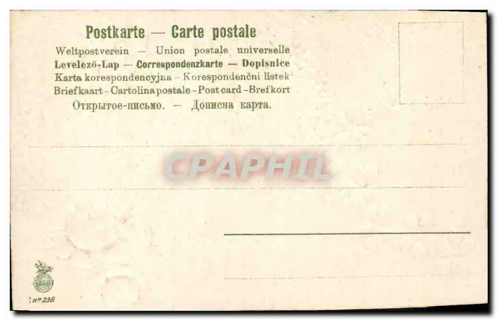 Vista de pueblo con iglesia — decorado floral — editor Union postale universelle, n°236 - Reverso