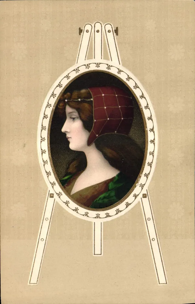 Junge Frau in rotem Hut — Medaillon-Portrait — Verlag Weigand & Buch, Leipzig - Vorderseite