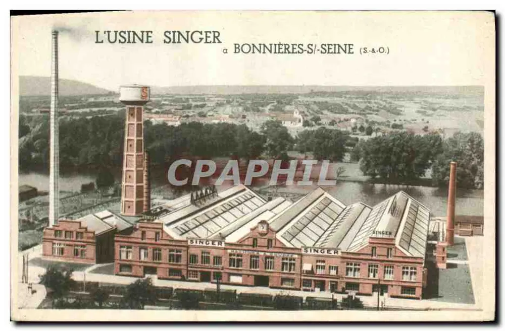 Singer-Werk in Bonnières-sur-Seine (S.A.O.) — luftige Ansicht des Werkes mit Schornstein und Glasdächern - Vorderseite