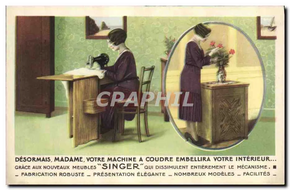 Frau am Singer-Nähmaschine — Werbung für Möbel mit eingebauter Nähmaschine — Firma Singer, Marseille - Vorderseite