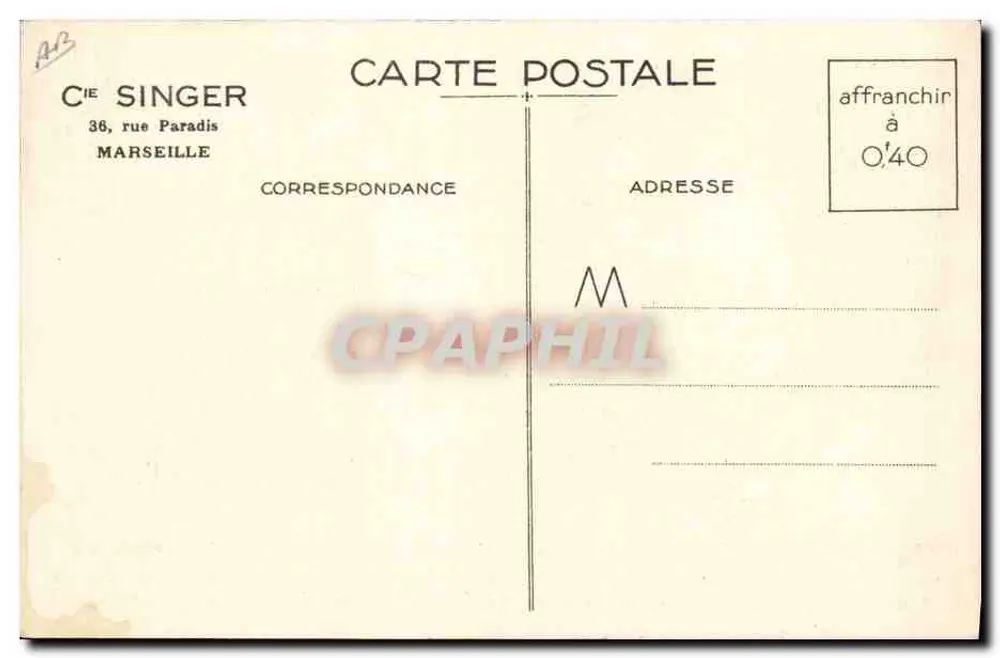 Frau am Singer-Nähmaschine — Werbung für Möbel mit eingebauter Nähmaschine — Firma Singer, Marseille - Rückseite