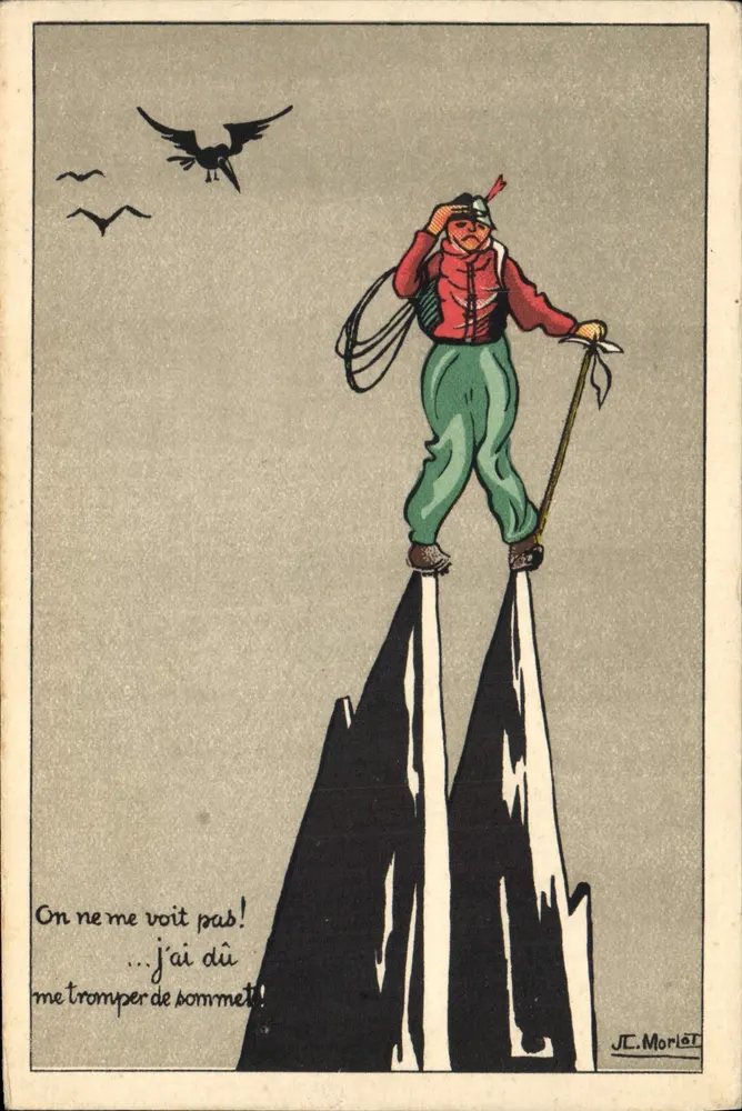 Alpiniste sur un sommet — illustration humoristique — J.C. Morlat - Frente