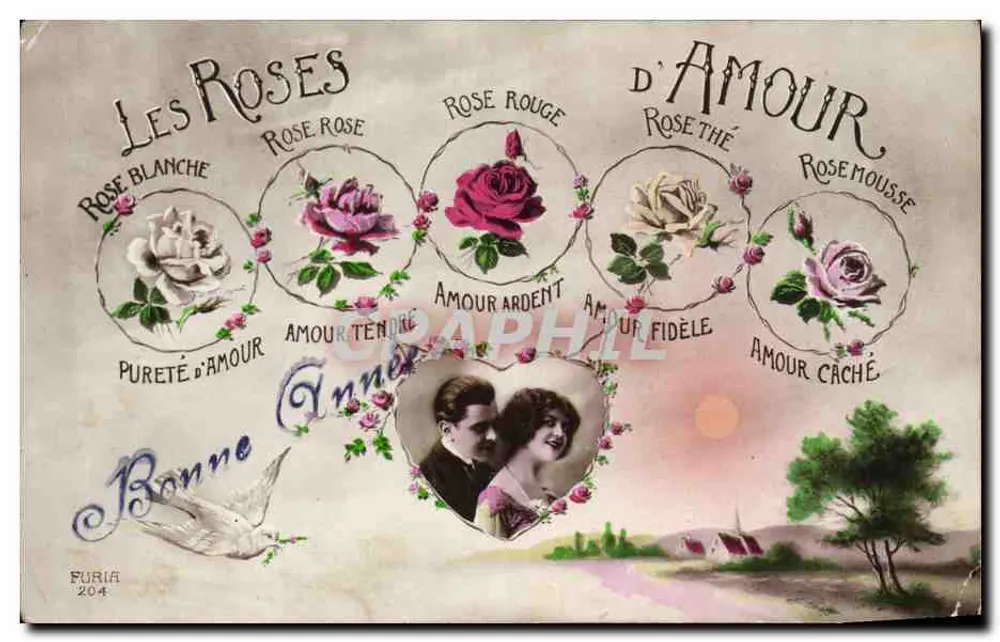 Les Roses — carte de vœux avec cinq roses symboliques et couple au cœur — éditeur FURIA, n° 204 - Vorderseite