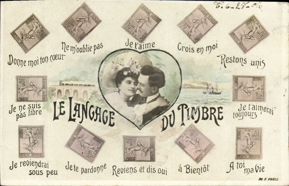 Die Sprache des Stempels — Liebende in einem Herzen — M. F. PARIS - Vorderseite