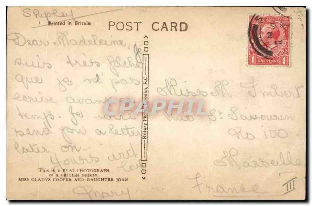 Gladys Cooper et sa fille — portrait studio — Rotary Photographic Co. Ltd, Londres, n° B.172-1 - Verso