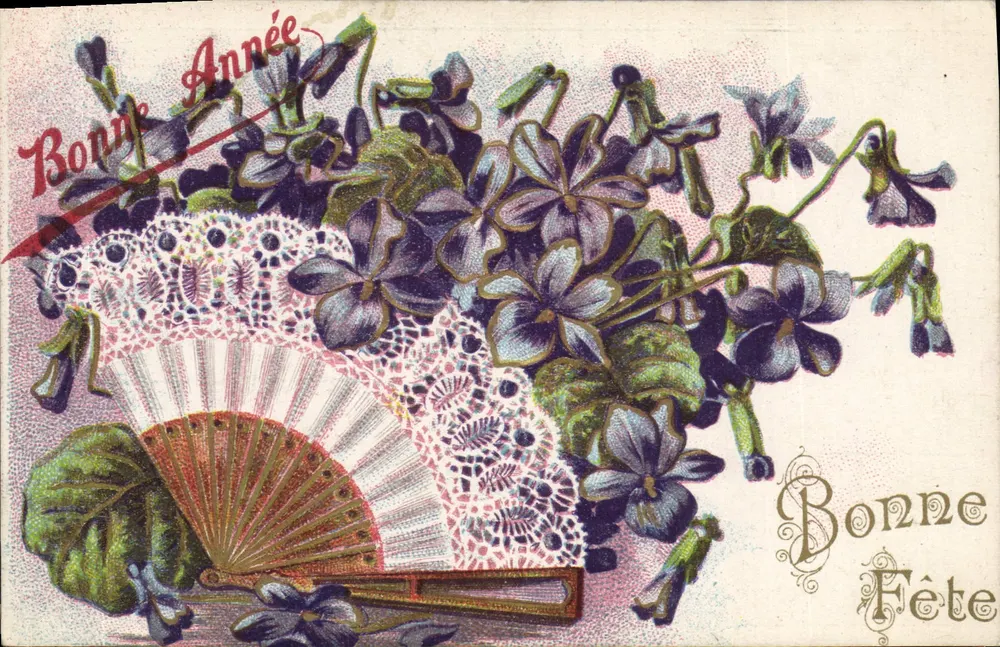 Violetas e leque — Boa Ano, Boa Festa — editor não visível - Frente